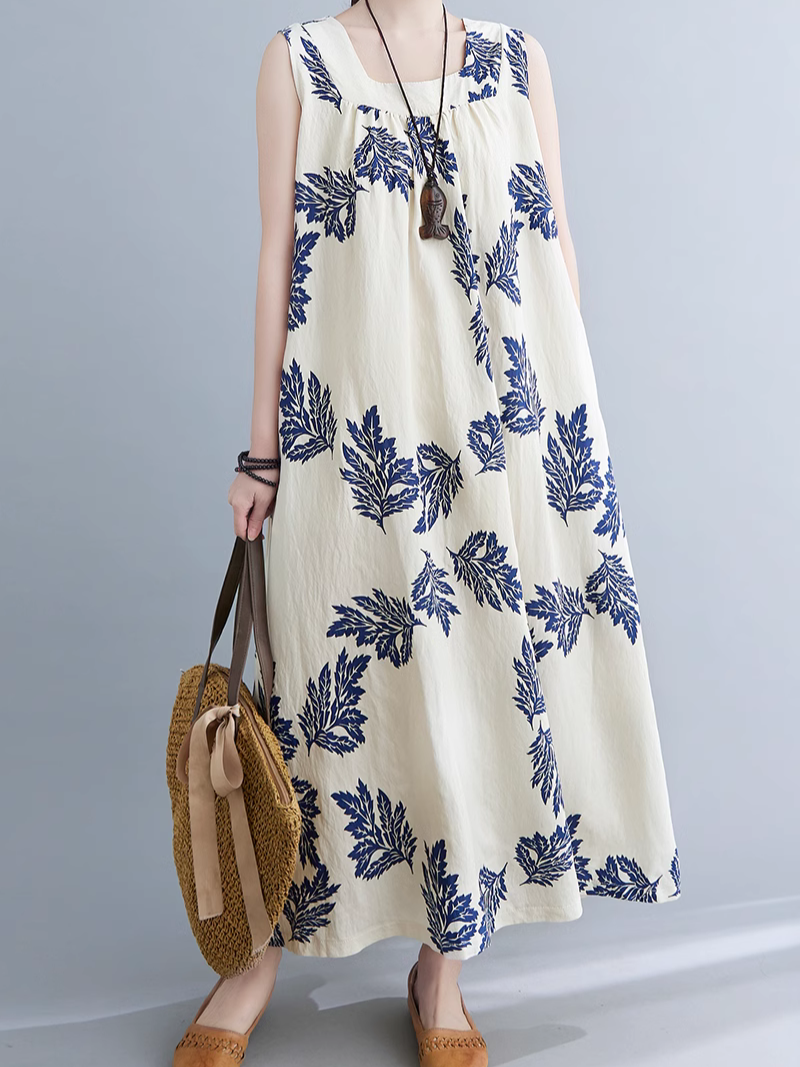 Square Neck Sleeveless Leaf Print Loose A-Line Maxi Dress