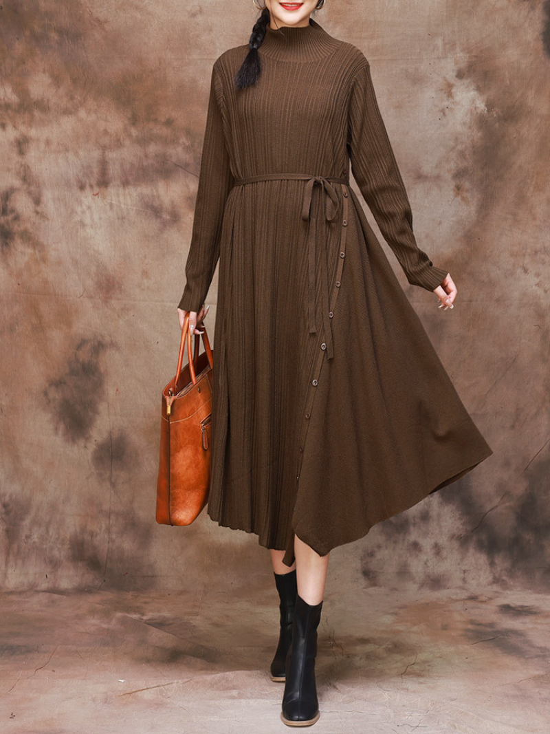 Mock Neck Long Sleeve Ribbed Knit Belted Sweater Midi Dress