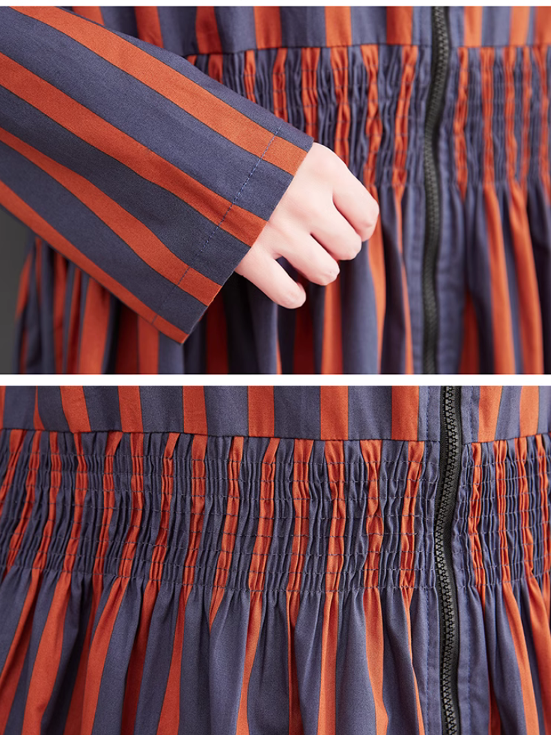 Stand Collar Striped Zip Front Shirred Long Sleeve A-Line Midi Dress