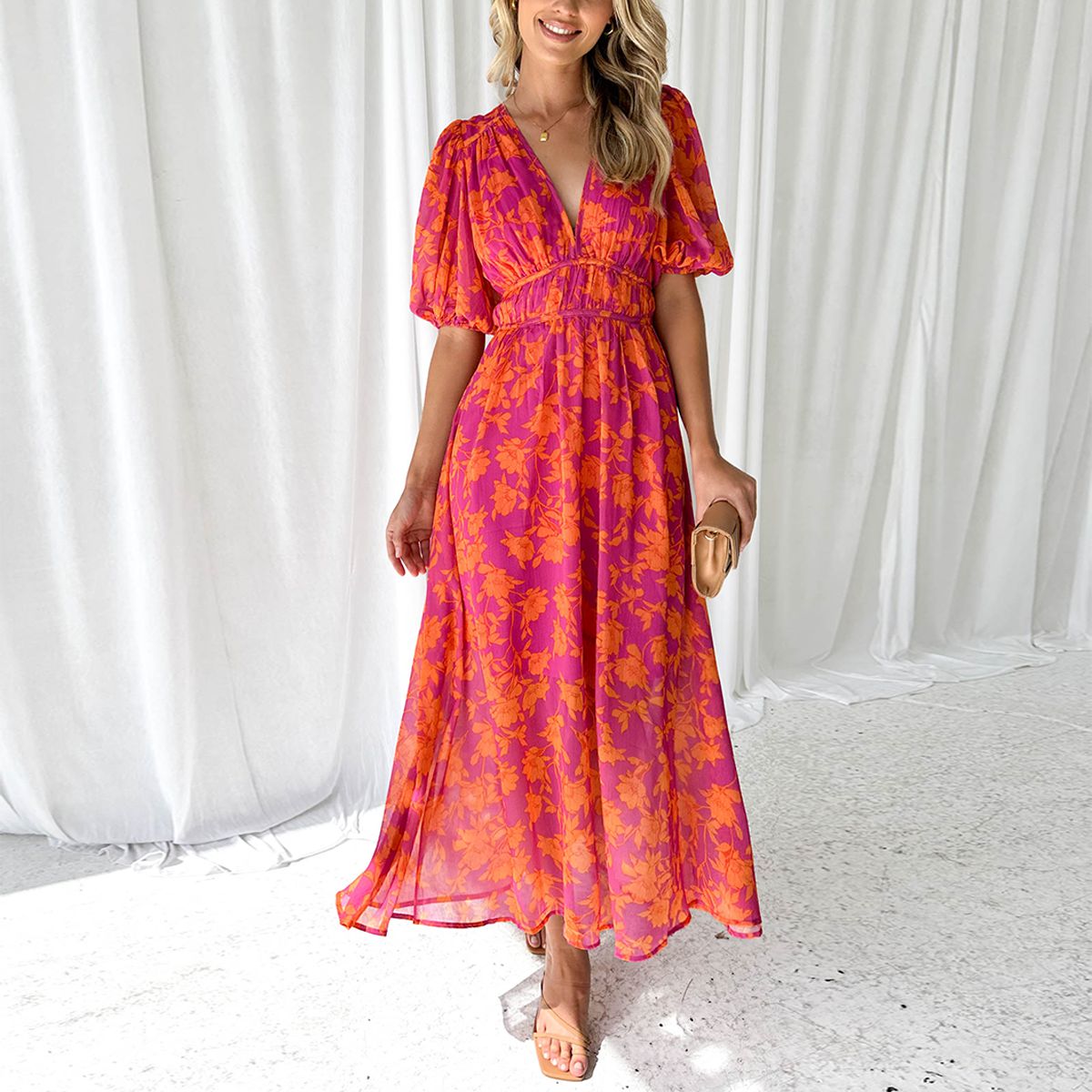 Pink Orange Deep V-Neck Puff Sleeve Floral Print Smocked Waist Maxi Dress