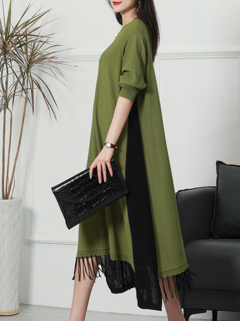 Round Neck Knit Fringe Hem Long Sleeve Loose Sweater Midi Dress 2