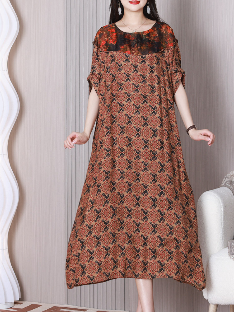 Red Round Neck Short Sleeve Floral Yoke Printed Loose Shift Midi Dress