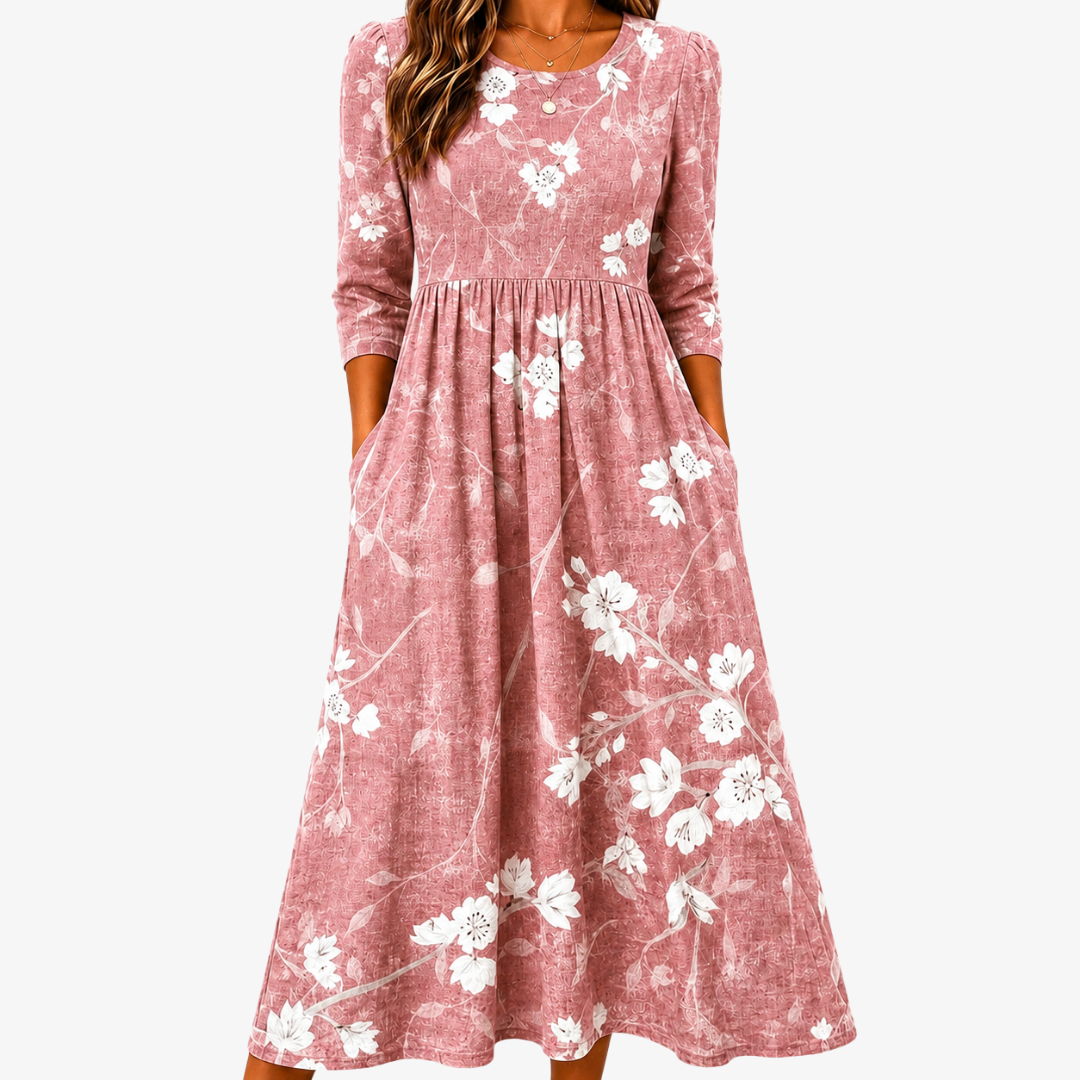 Round Neck Floral Print Puff Sleeve Pleated Pocket A-Line Midi Dress