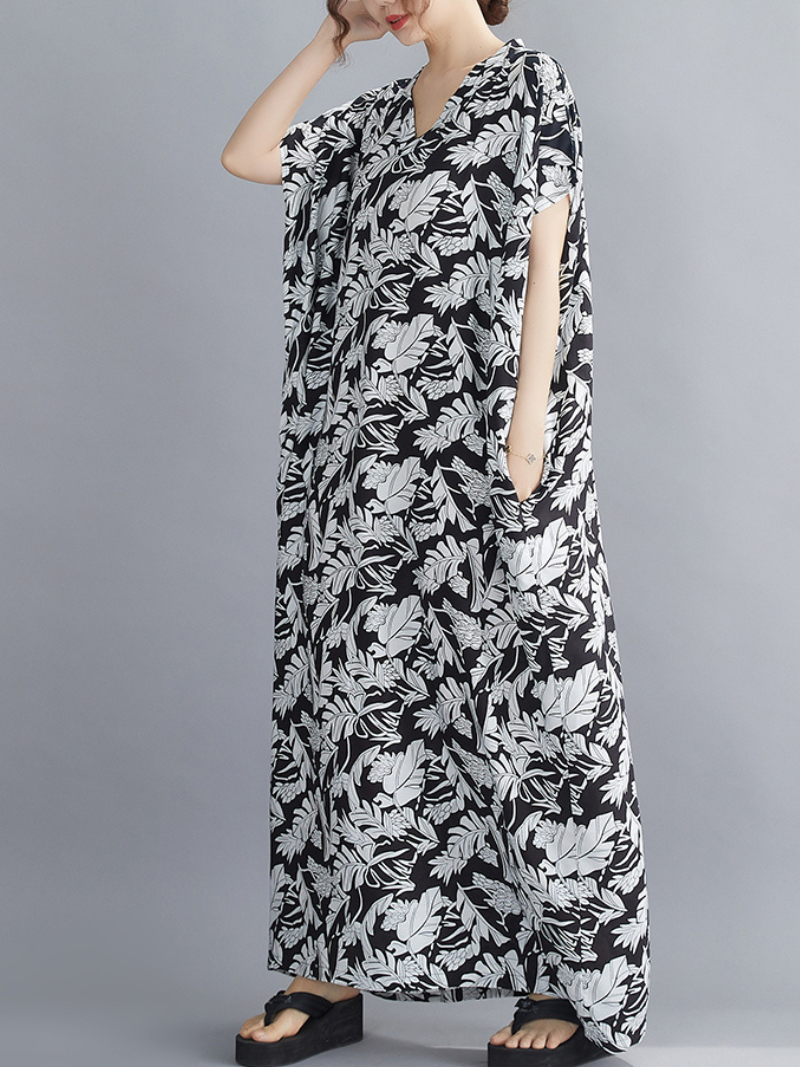 Black V-Neck Floral Leaf Print Short Sleeve Loose Kaftan Maxi Dress 5