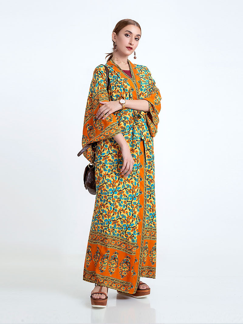 Orange Bohemian Floral Border Print Open Front Long Kimono Robe 2