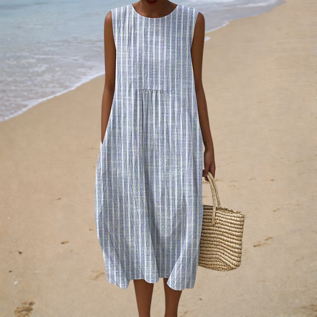 Round Neck Striped Sleeveless Pocket Linen Relaxed Midi Dress
