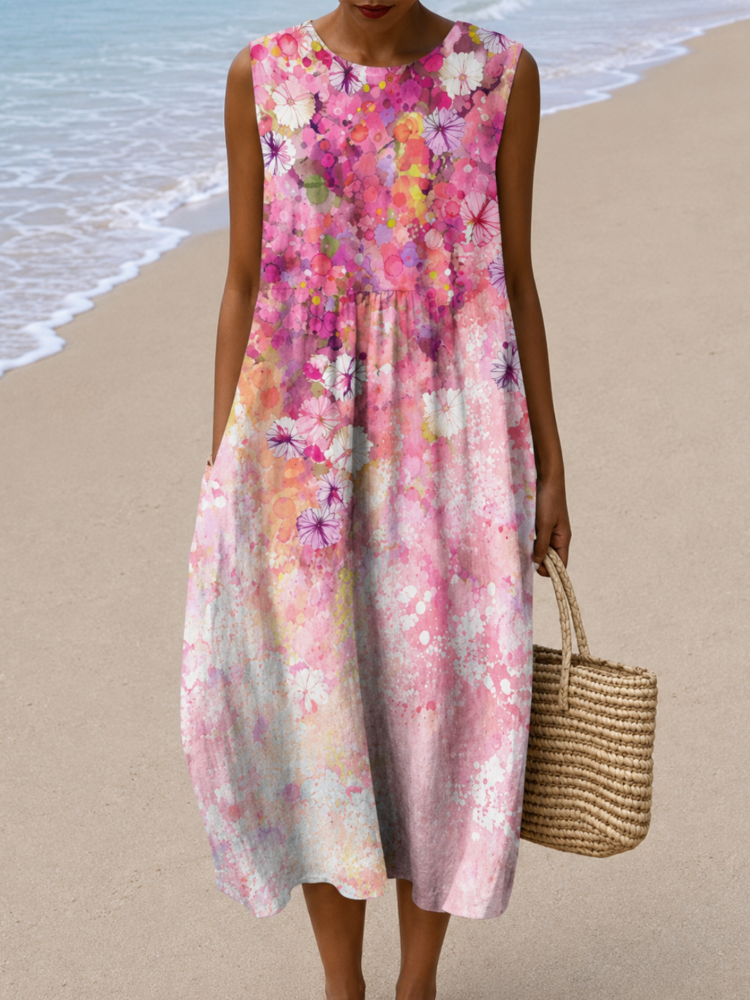 Round Neck Sleeveless Watercolor Floral Pocket Cocoon Midi Dress