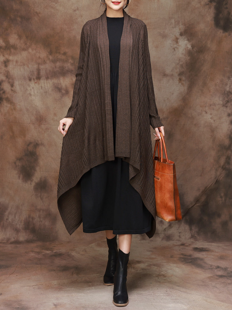 Open Front Long Sleeve Ribbed Knit Draped Long Cardigan