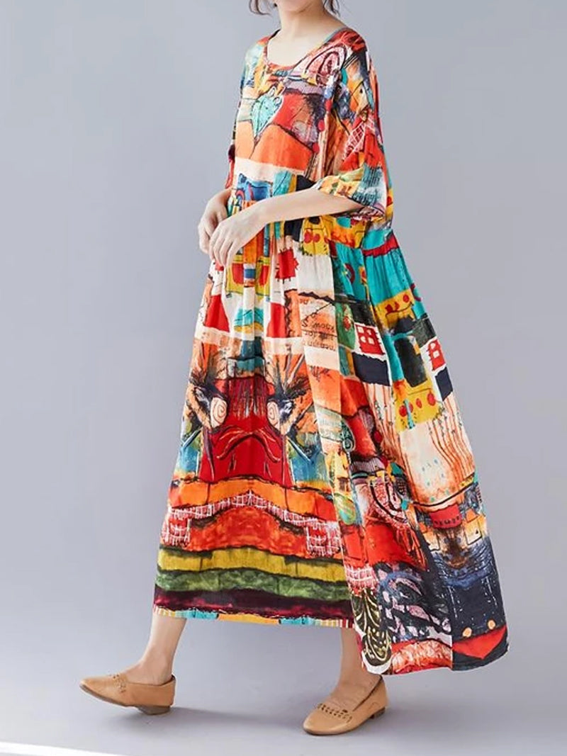 Multi Color Round Neck Short Sleeve Abstract Print Tiered Smock Maxi Dress 4
