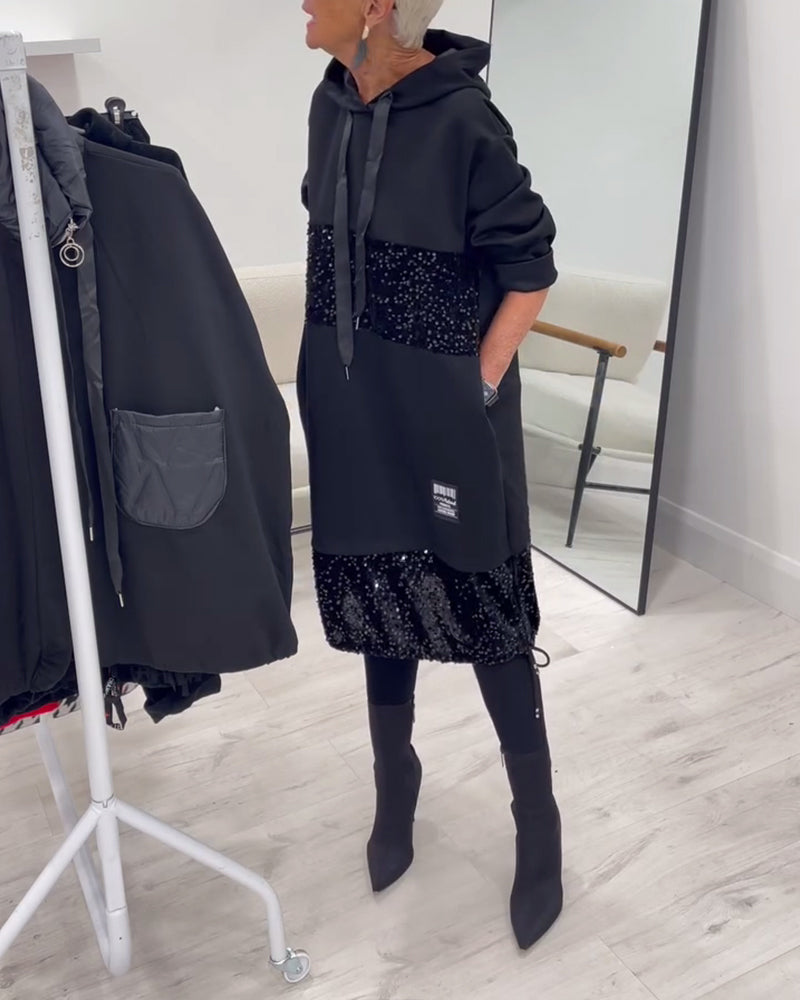 Hooded Drawstring Sequin Patchwork Panel Pocket Sweatshirt Midi Dress