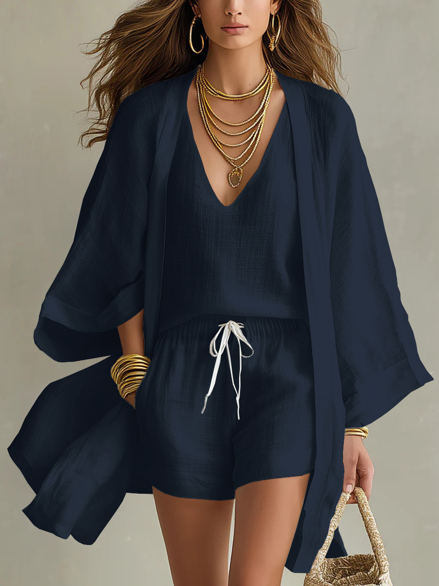 V-Neck Linen Kimono Top And Drawstring Shorts Set 6