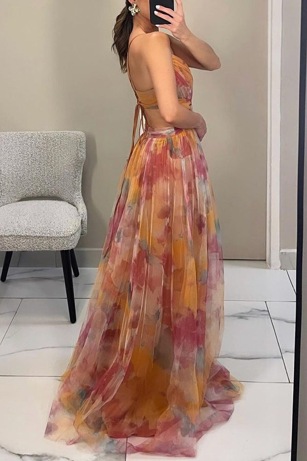 Spaghetti Strap V-Neck Floral Tulle Ruched Waist A-Line Maxi Dress