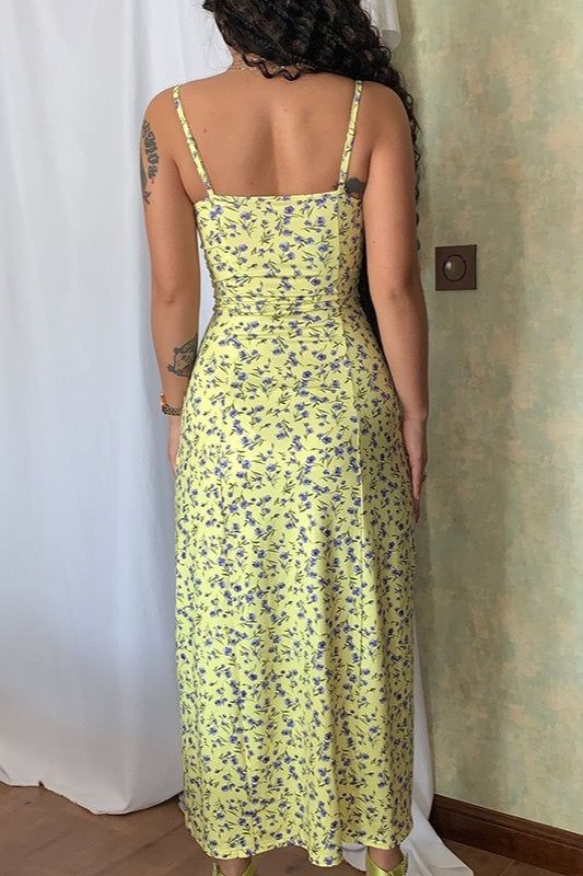 Spaghetti Strap Sweetheart Lace Trim Corset Bodice High Slit Midi Dress 8
