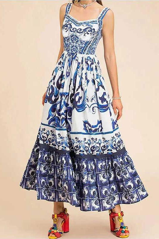Wide Strap Sweetheart Baroque Print Tiered Ruffle Maxi Dress 3
