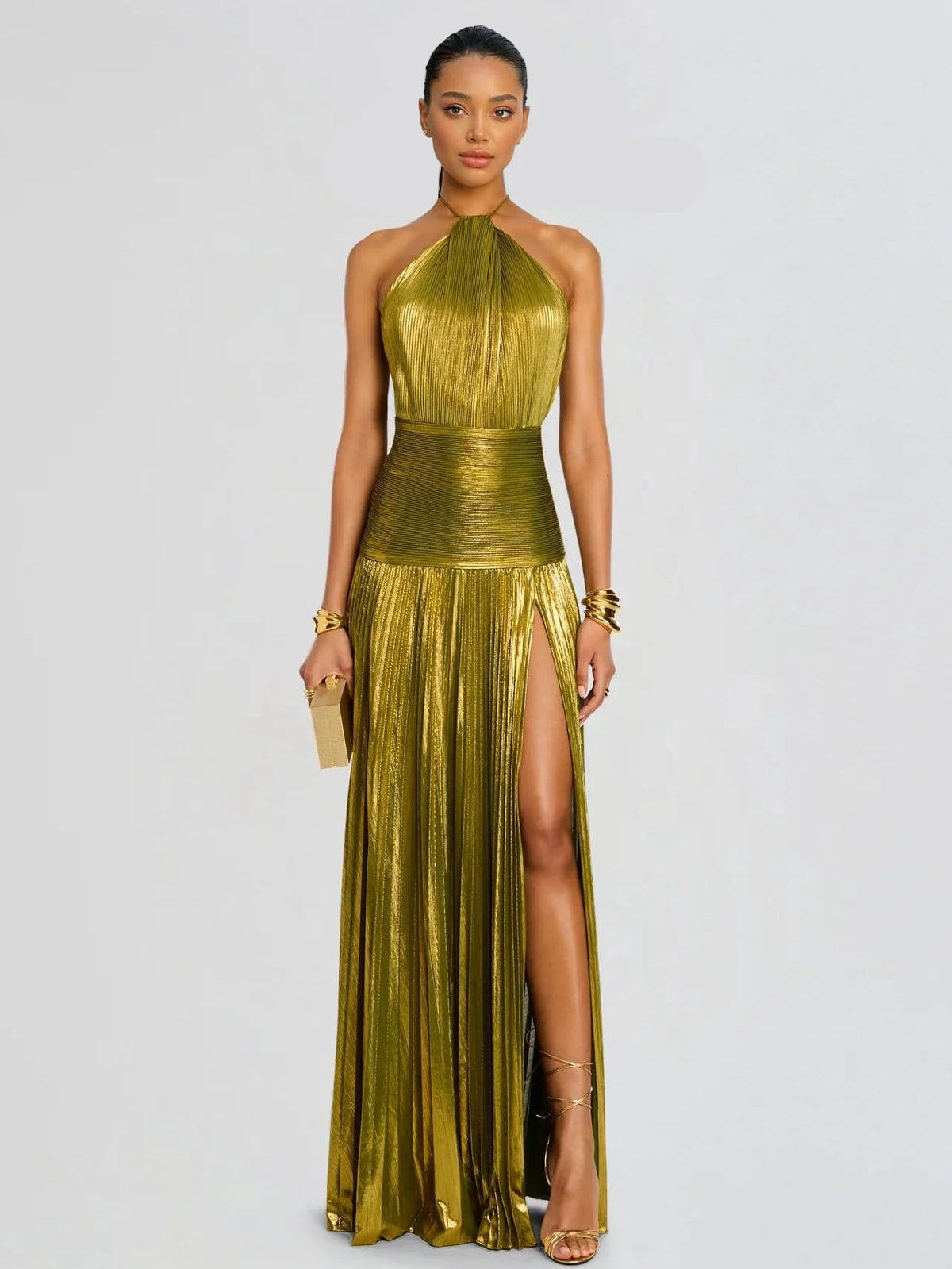 Halter Neck Metallic Pleated High Slit A-Line Gown