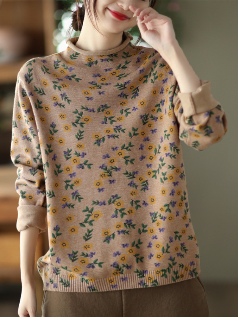 Round Neck Ditsy Floral Print Long Sleeve Knit Sweater