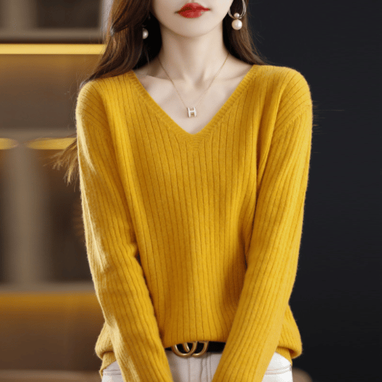 V-Neck Pullover Long Sleeve Solid Color Cashmere Sweater