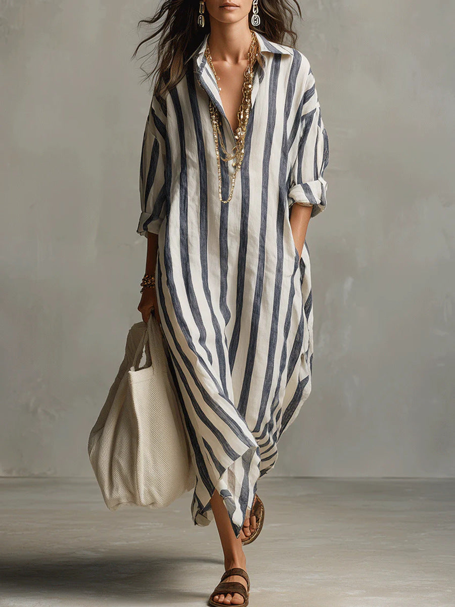 Collared Striped Long Sleeve Oversized Linen Shirt Maxi Dress 2
