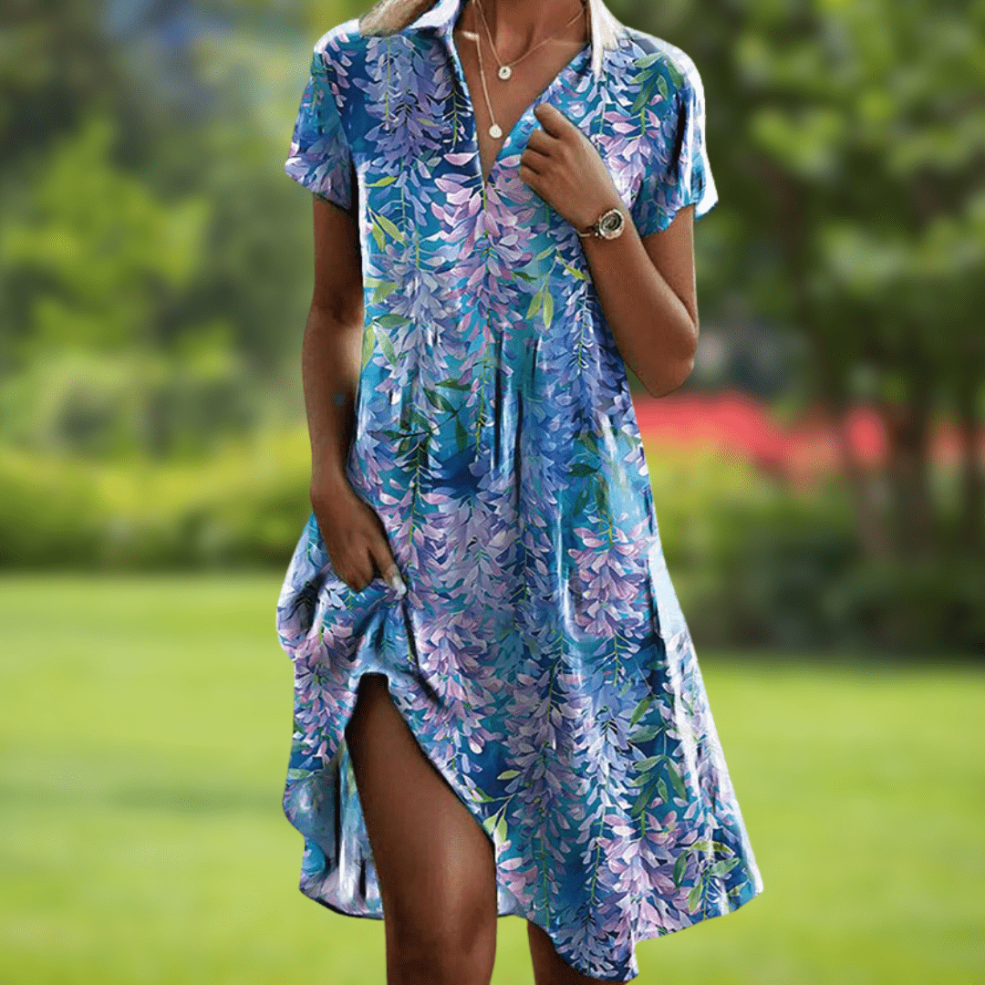 Collared Floral Print Short Sleeve Swing Shift Midi Dress