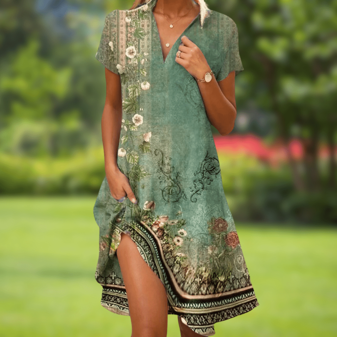 Collared Floral Print Short Sleeve Swing Shift Midi Dress 2