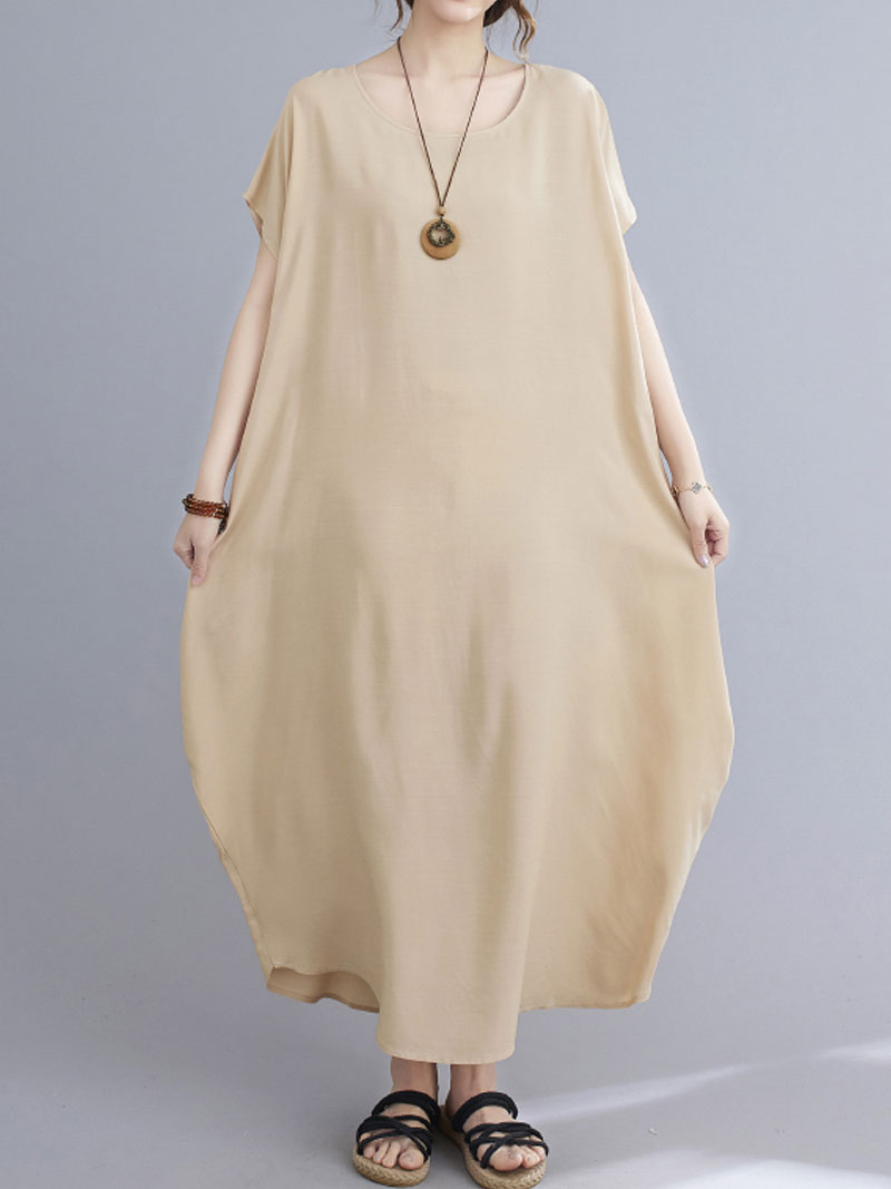Round Neck Short Sleeve Loose Cocoon Maxi Dress 7