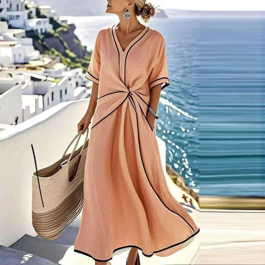 V-Neck Contrast Trim Twist Front Short Sleeve A-Line Midi Dress