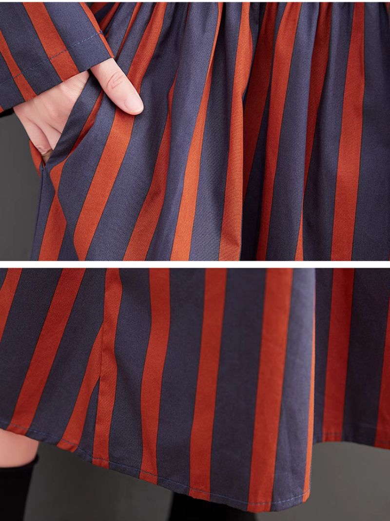 Stand Collar Striped Zip Front Shirred Long Sleeve A-Line Midi Dress