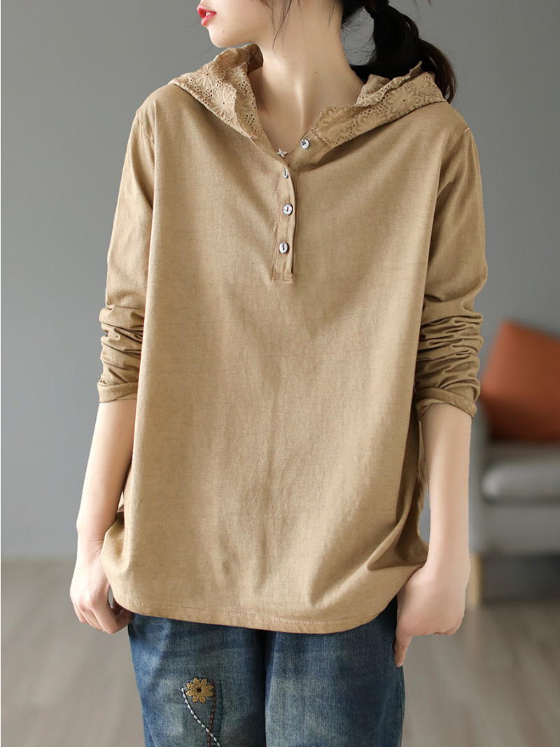 Lace Trim Hooded Button Placket Long Sleeve Loose Pullover Hoodie 4