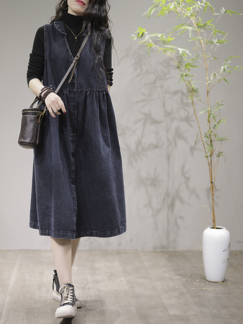 V-Neck Sleeveless Button Front Denim Smock A-Line Midi Dress