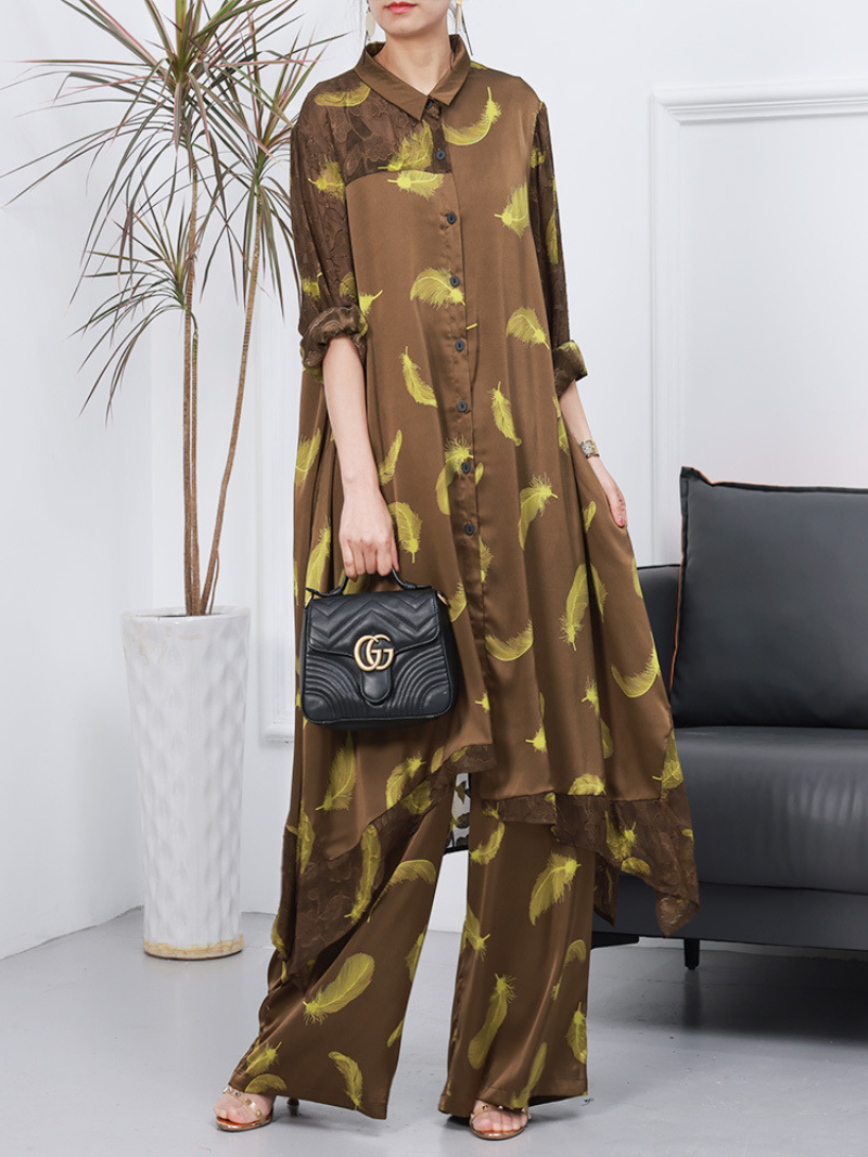 Collared Feather Print Longline Tunic Wide-Leg Pants Set