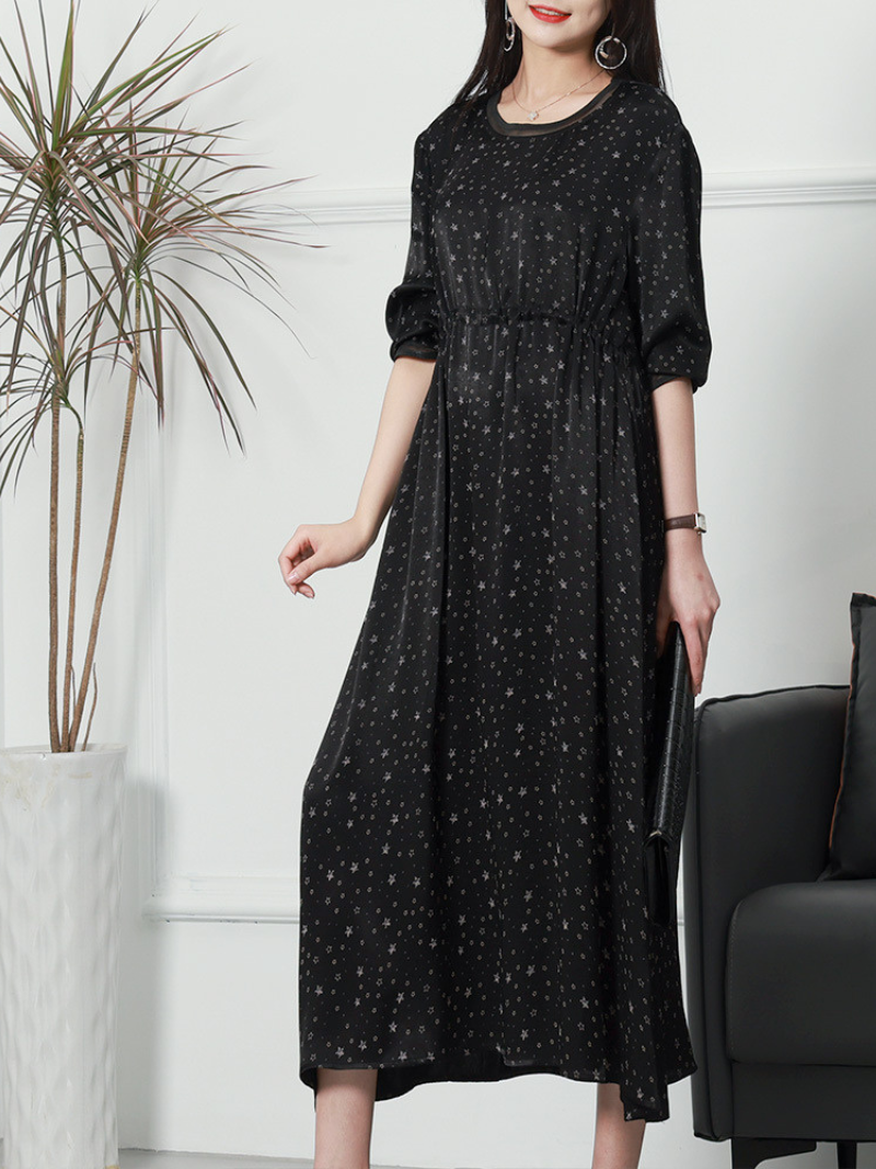 Round Neck Star Print Satin Drawstring Waist A-Line Maxi Dress 3
