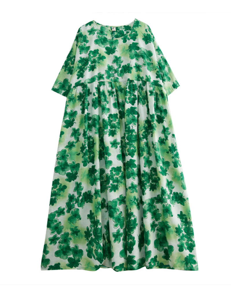 Green Round Neck Floral Print Short Sleeve Empire Smock Midi Dress 2