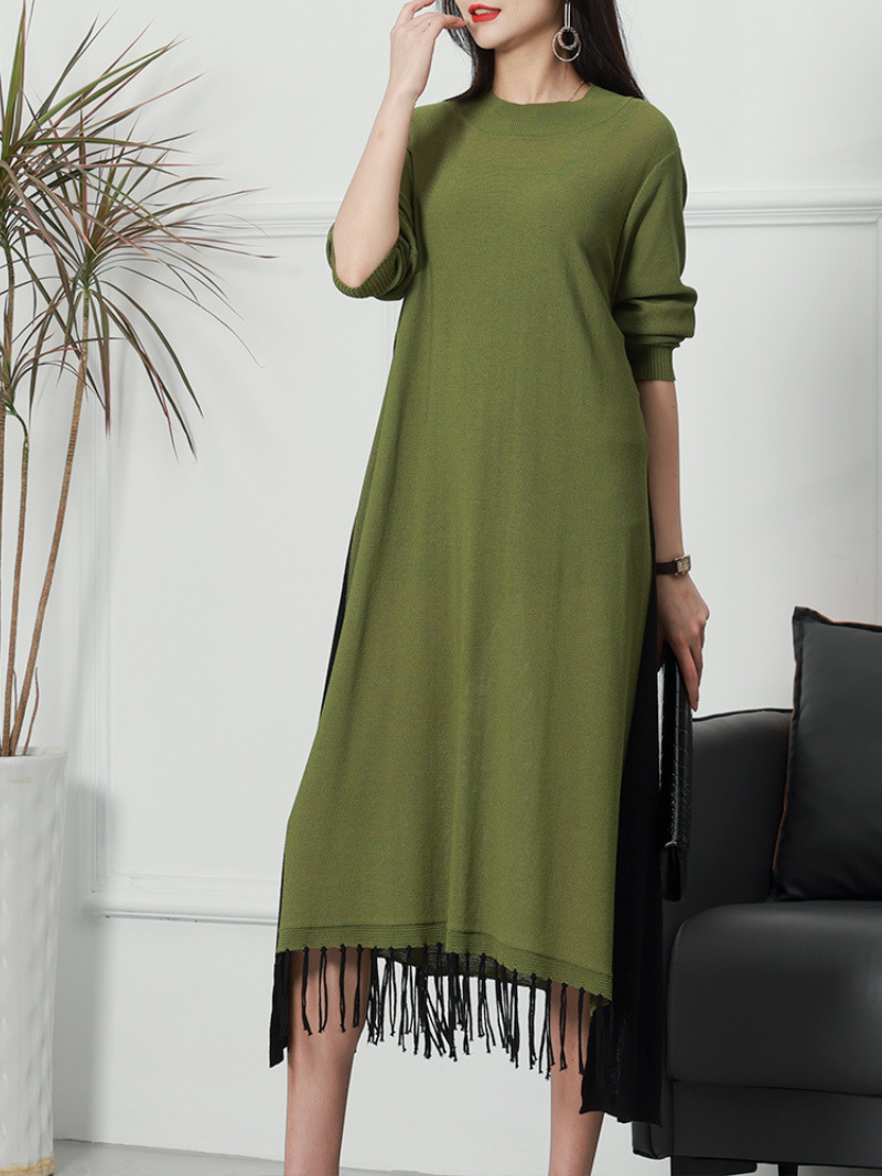 Round Neck Knit Fringe Hem Long Sleeve Loose Sweater Midi Dress