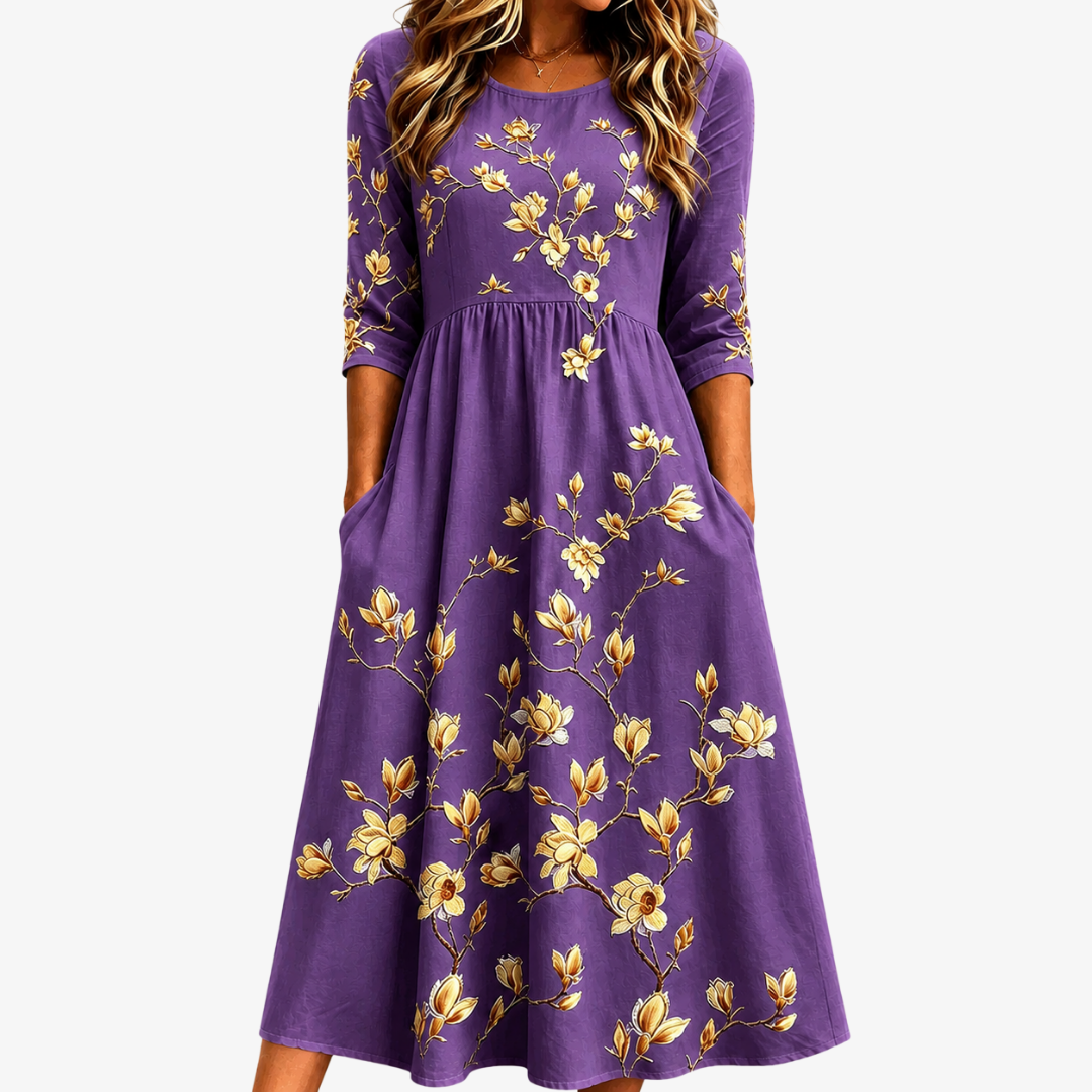 Scoop Neck Magnolia Floral Print Three-Quarter Sleeve A-Line Midi Dress