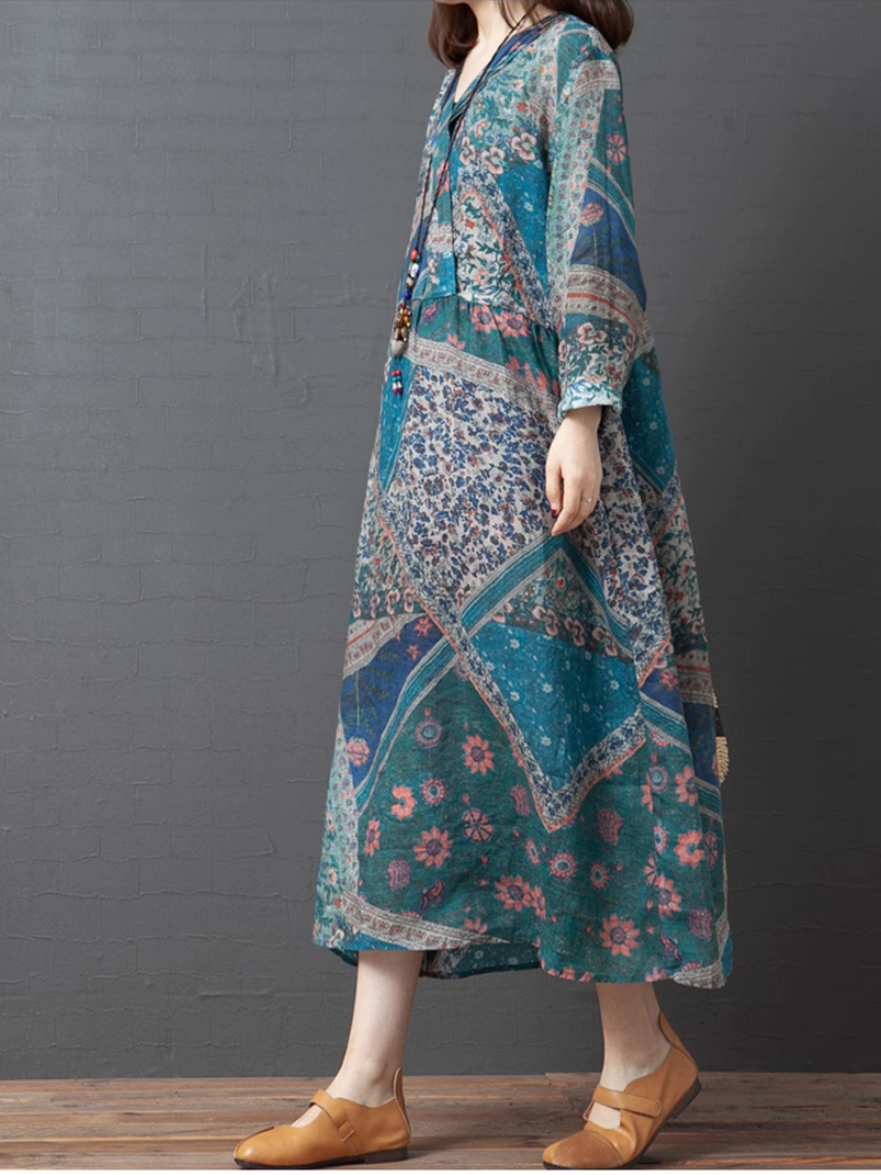 V-Neck Floral Print Long Sleeve Loose A-Line Midi Dress 7