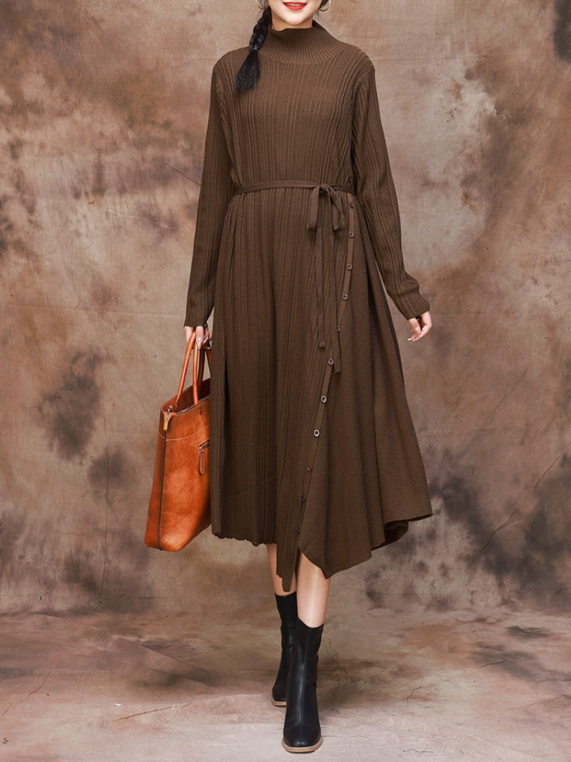 Mock Neck Long Sleeve Ribbed Knit Belted Sweater Midi Dress