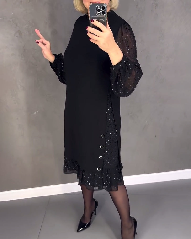 Round Neck Dot Mesh Sleeve Ruffle Hem Shift Midi Dress 7