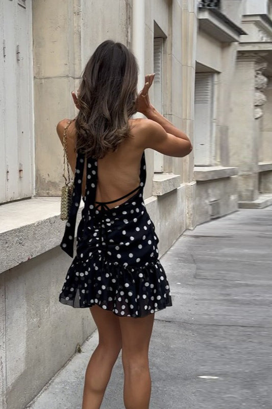 Black Halter Criss Cross Strap Daisy Accent Polka Dot Mini Dress 4
