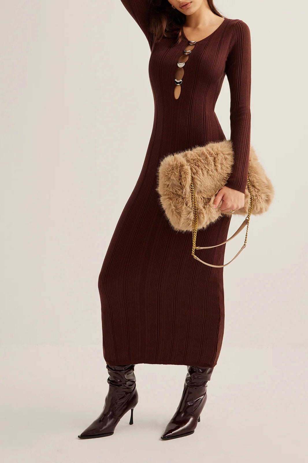 Brown Ribbed Knit Bodycon Dress 6