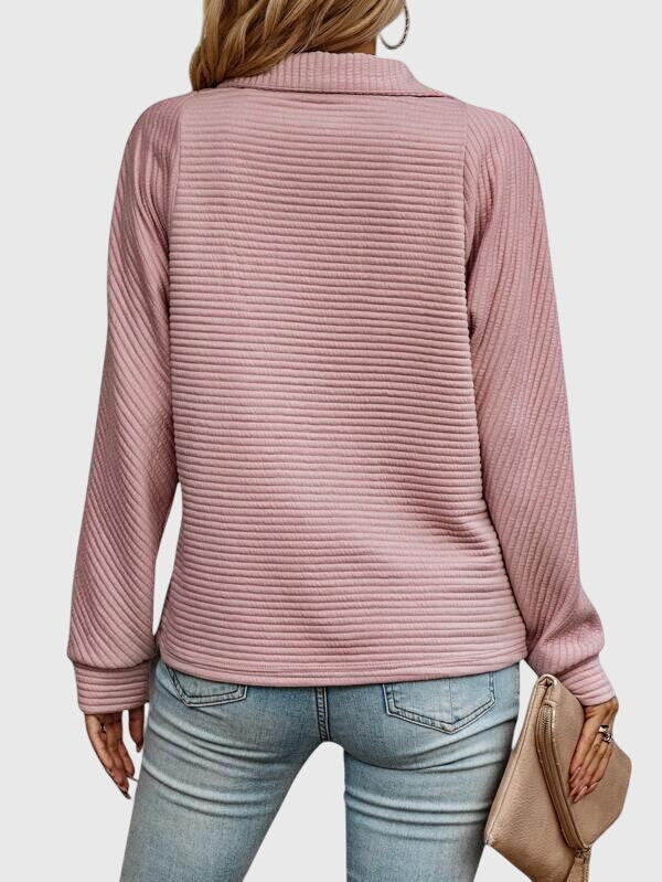 Quarter Zip Collar Long Sleeve Ribbed Textured Pullover Sweatshirt