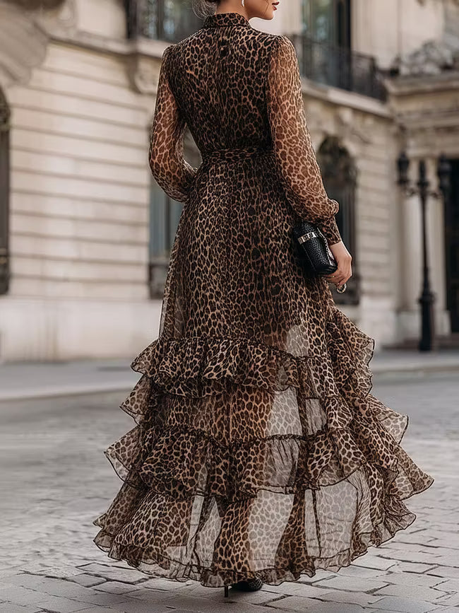 Leopard Collared Leopard Print Long Sleeve Ruffle High-Low Wrap Maxi Dress 2