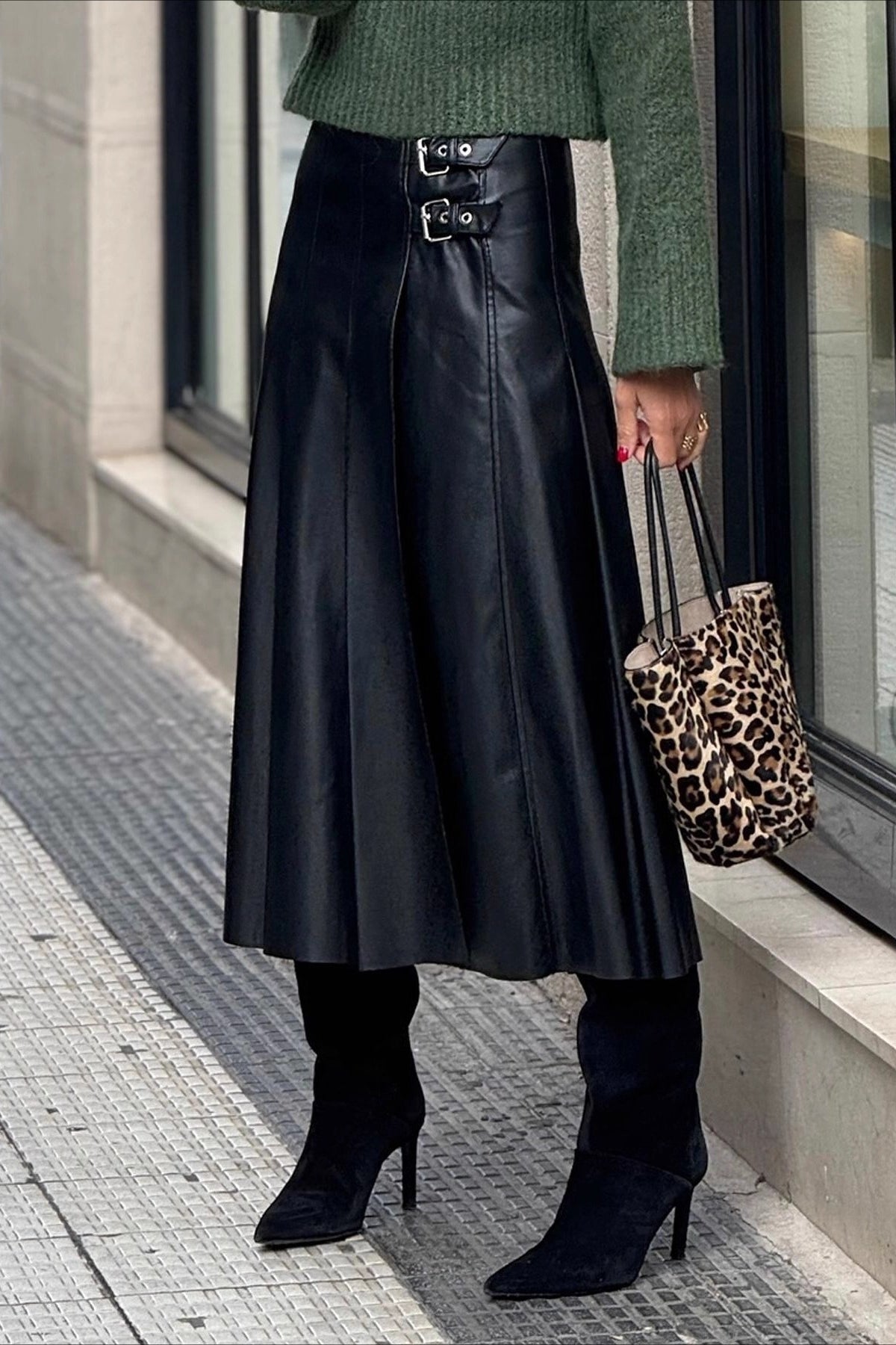PU Leather Shirred ALine Skirt