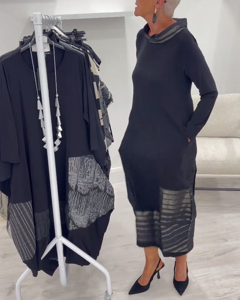 Black Cowl Neck Three-Quarter Sleeve Sheer Striped Hem Cocoon Midi Dress 4