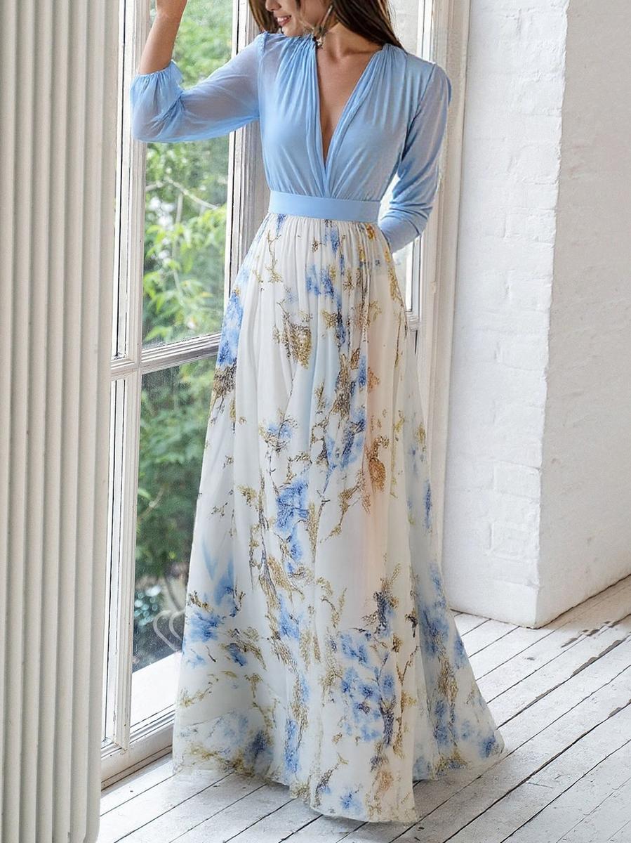 Light Blue Deep V-Neck Pleated Bishop Sleeve Floral Chiffon Maxi Gown