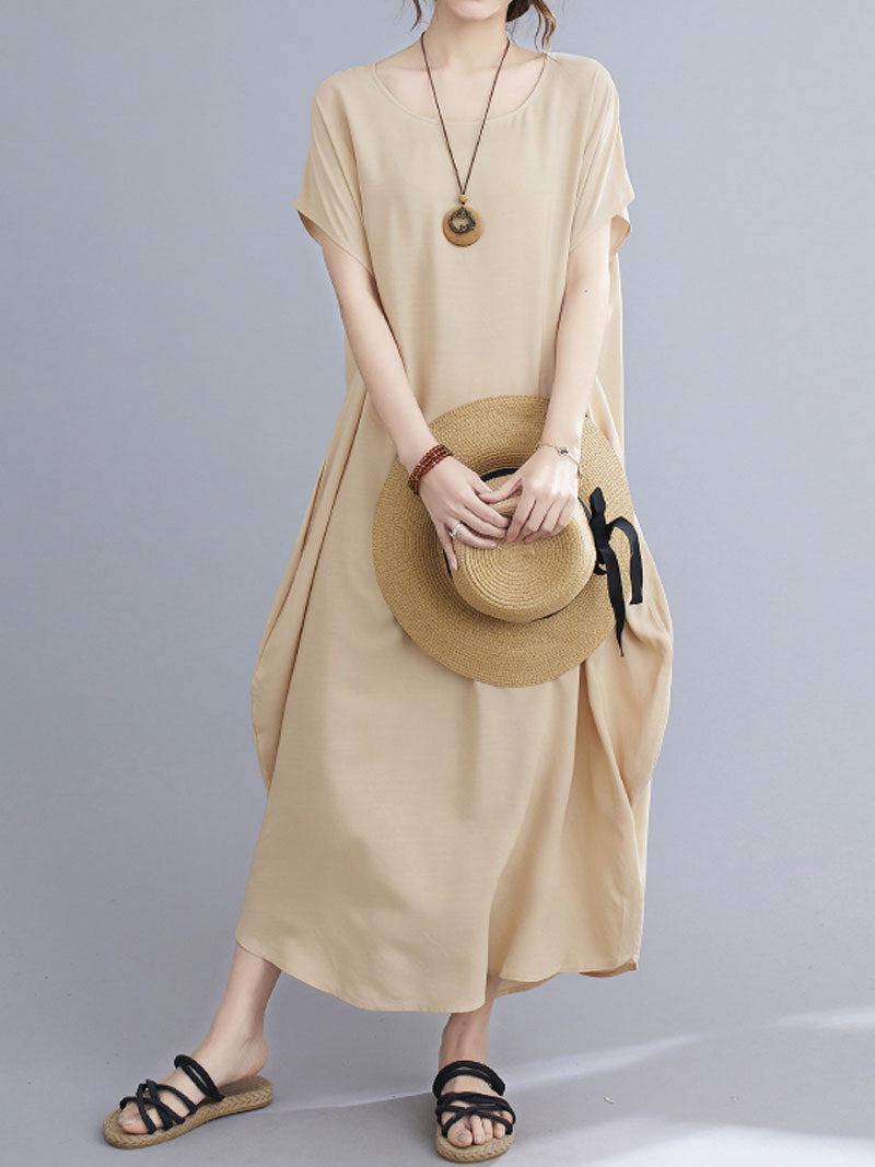 Round Neck Short Sleeve Loose Cocoon Maxi Dress 35