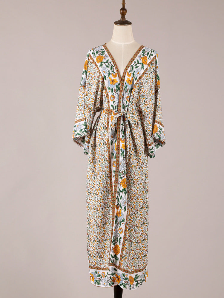 Floral Print Tie Waist Open Front Kimono Maxi Robe