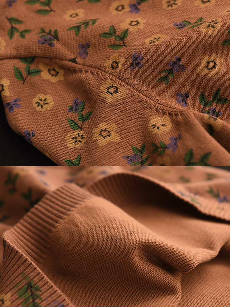 Round Neck Ditsy Floral Print Long Sleeve Knit Sweater