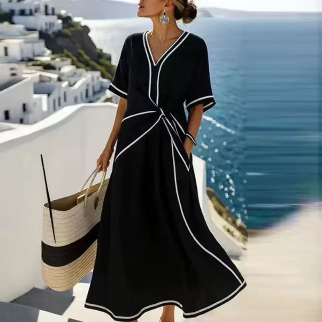 V-Neck Short Sleeve Contrast Trim Twist Front Pocket Maxi Dress