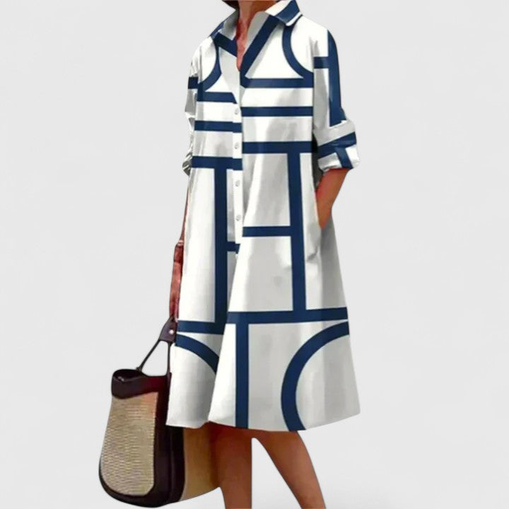 White Blue Collared Button-Front Geometric Line Print Long Sleeve Shirt Dress