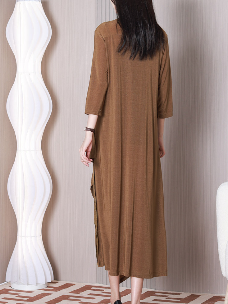 V-Neck Half Sleeve Draped Ruffle Asymmetric Loose A-Line Midi Dress